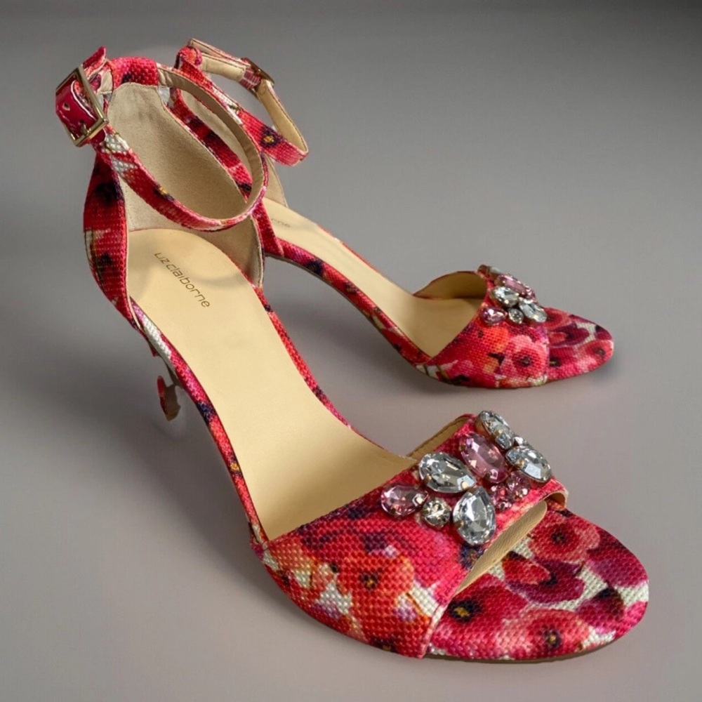 Liz Claiborne Heidy Pink Floral Jewels Rhinestones Ankle Strap Heels Size 8M